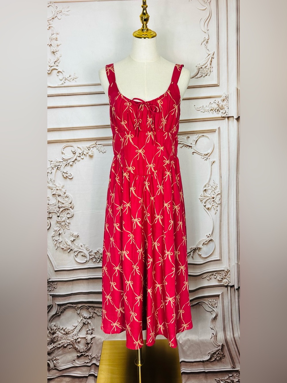 3 for $36 Sale Red Bow-Print Tie-Front Midi Dress - Picture 2 of 13